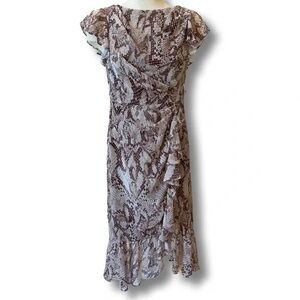 Vince Camuto Womens Chiffon Midi Dress Sz 12 Ruffle Flutter Sleeve Snakeskin